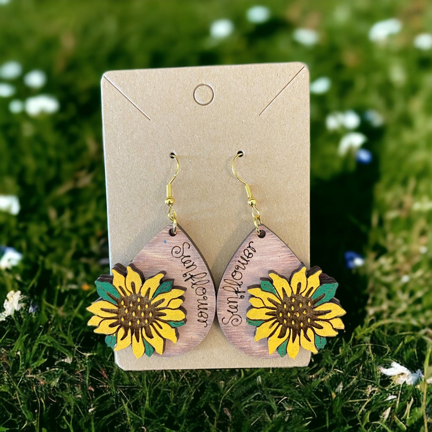 Sunflower Laser Engraved Hand-Painted Tear Drop Earrings