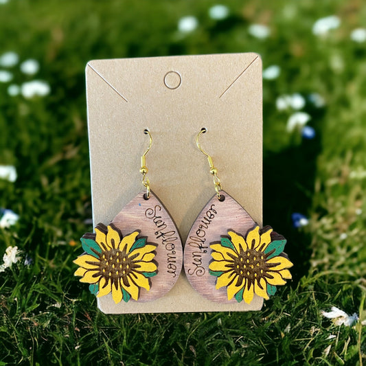 Sunflower Laser Engraved Hand-Painted Tear Drop Earrings