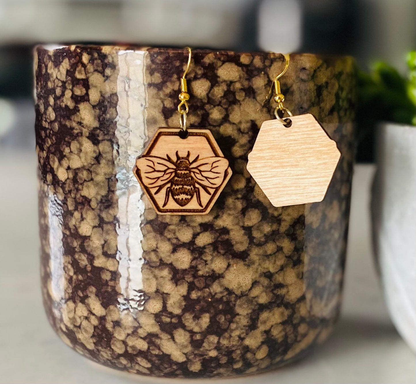 Birchwood Pecan Stained and Laser-Engraved Bee Earrings