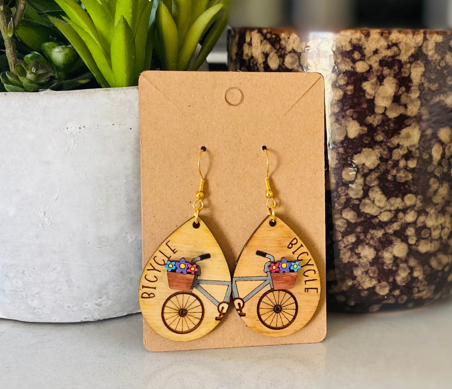 Birchwood Laser Cut Bicycle Spring/Summer Tear Drop Hand Painted Earrings