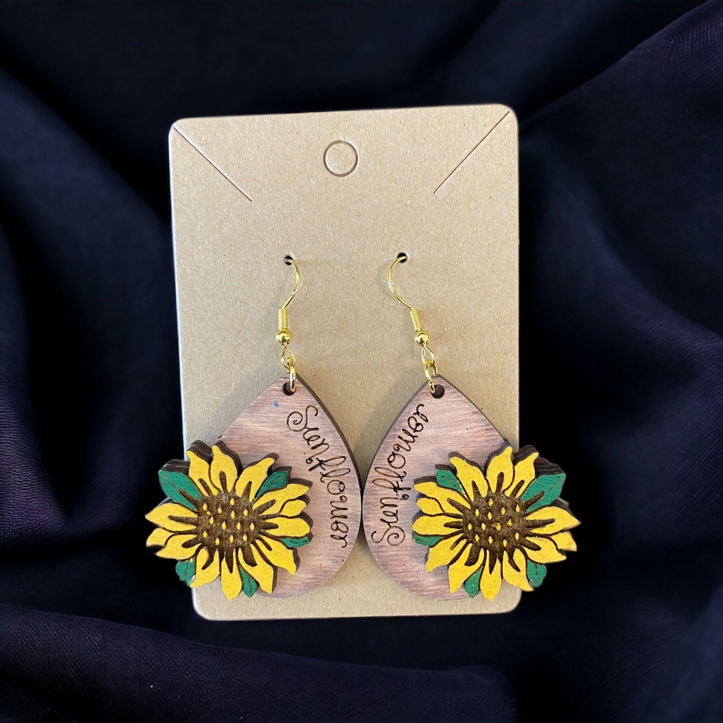 Sunflower Laser Engraved Hand-Painted Tear Drop Earrings