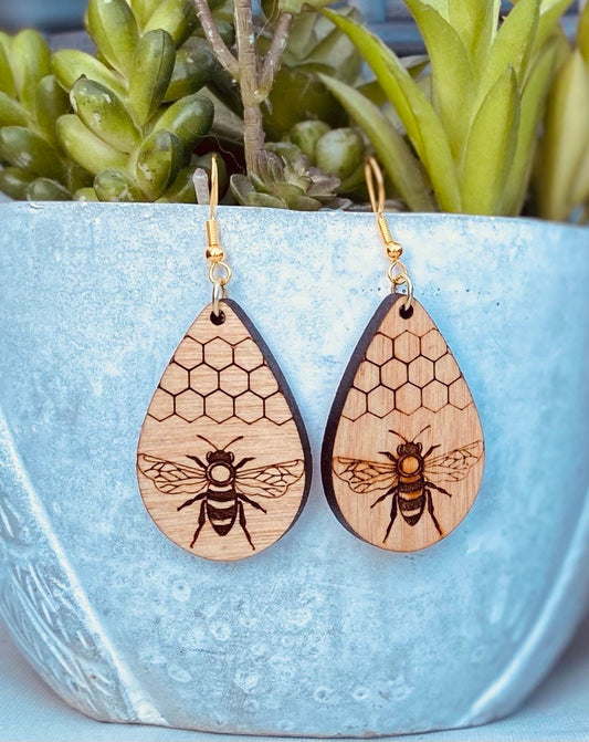 Birchwood Engraved Bee Pecan-Stained Tear Drop Earrings