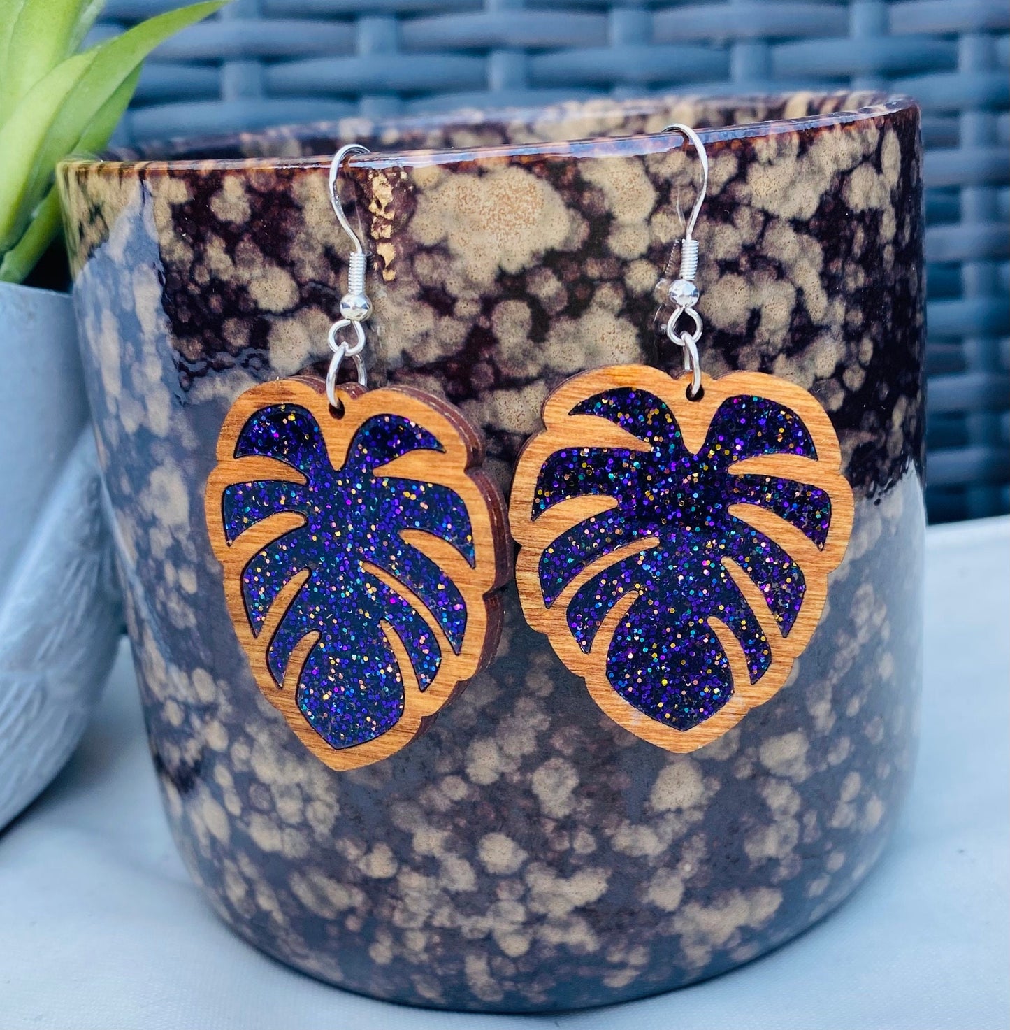 Birch Wood Laser-Cut Earrings with Purple Acrylic Inlay