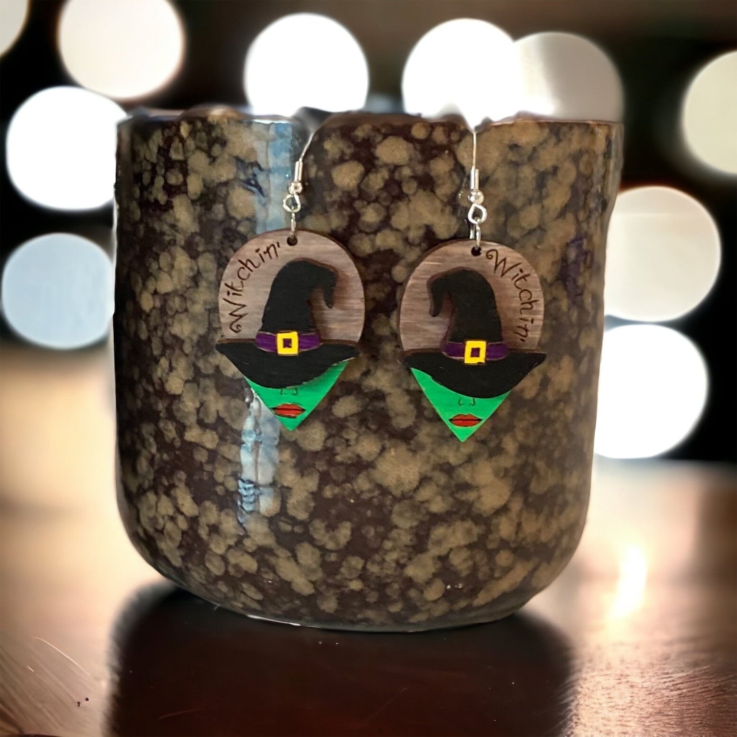 Halloween Witch Birchwood Laser Cut Hand-Painted Earrings