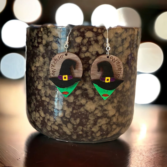 Halloween Witch Birchwood Laser Cut Hand-Painted Earrings