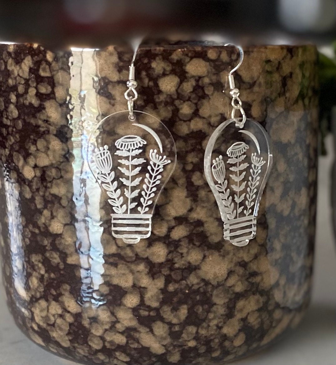 Floral Engraved Clear Acrylic Light Bulb Earrings