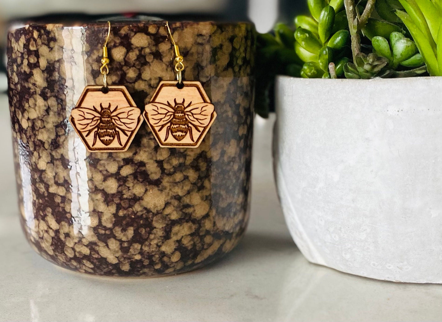 Birchwood Pecan Stained and Laser-Engraved Bee Earrings