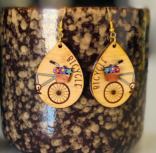 Birchwood Laser Cut Bicycle Spring/Summer Tear Drop Hand Painted Earrings