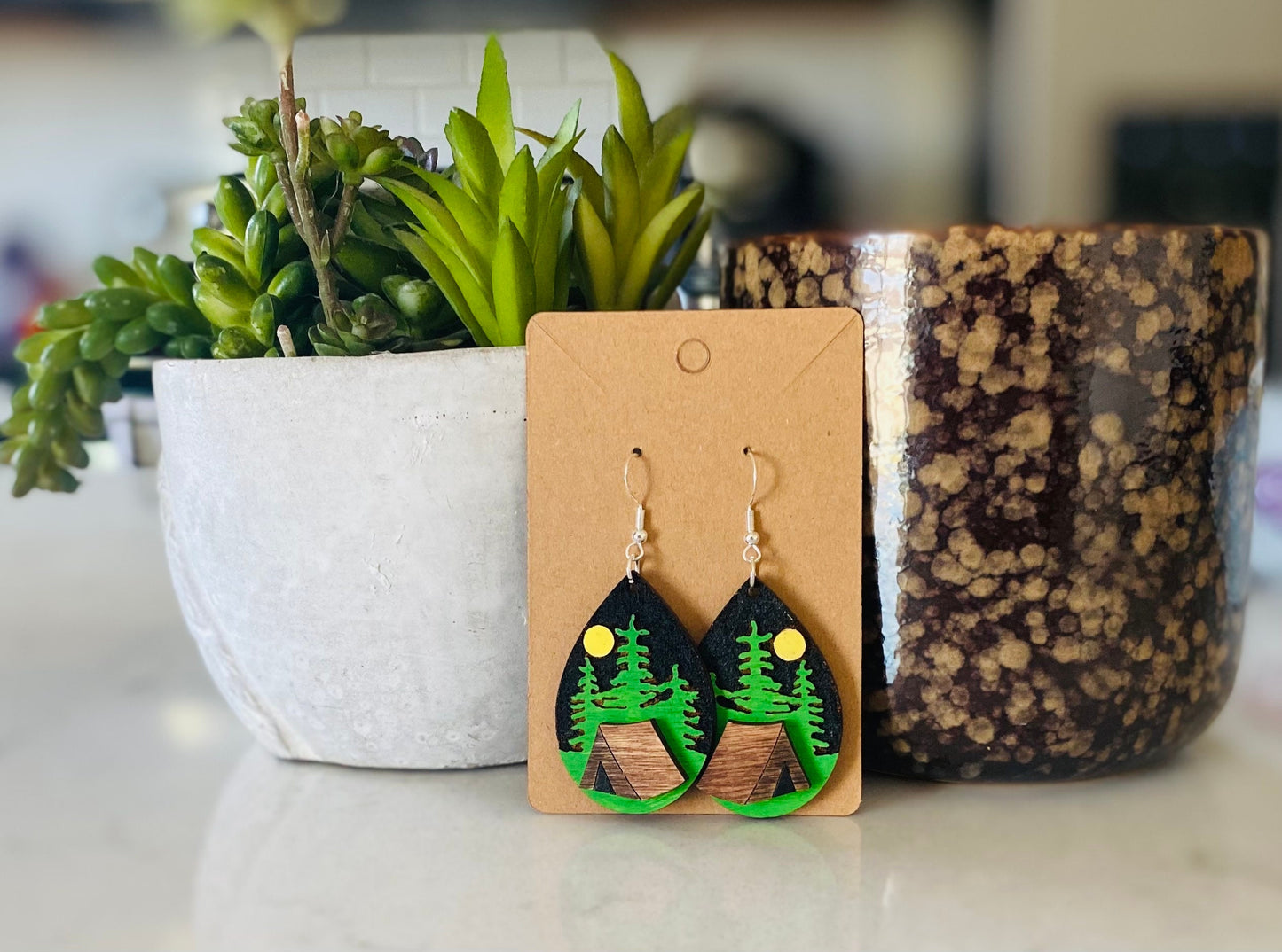 Laser Cut Tear Drop Hand-Painted Birchwood Earrings- Camping, Starry Night, Nature, Sparkling Night