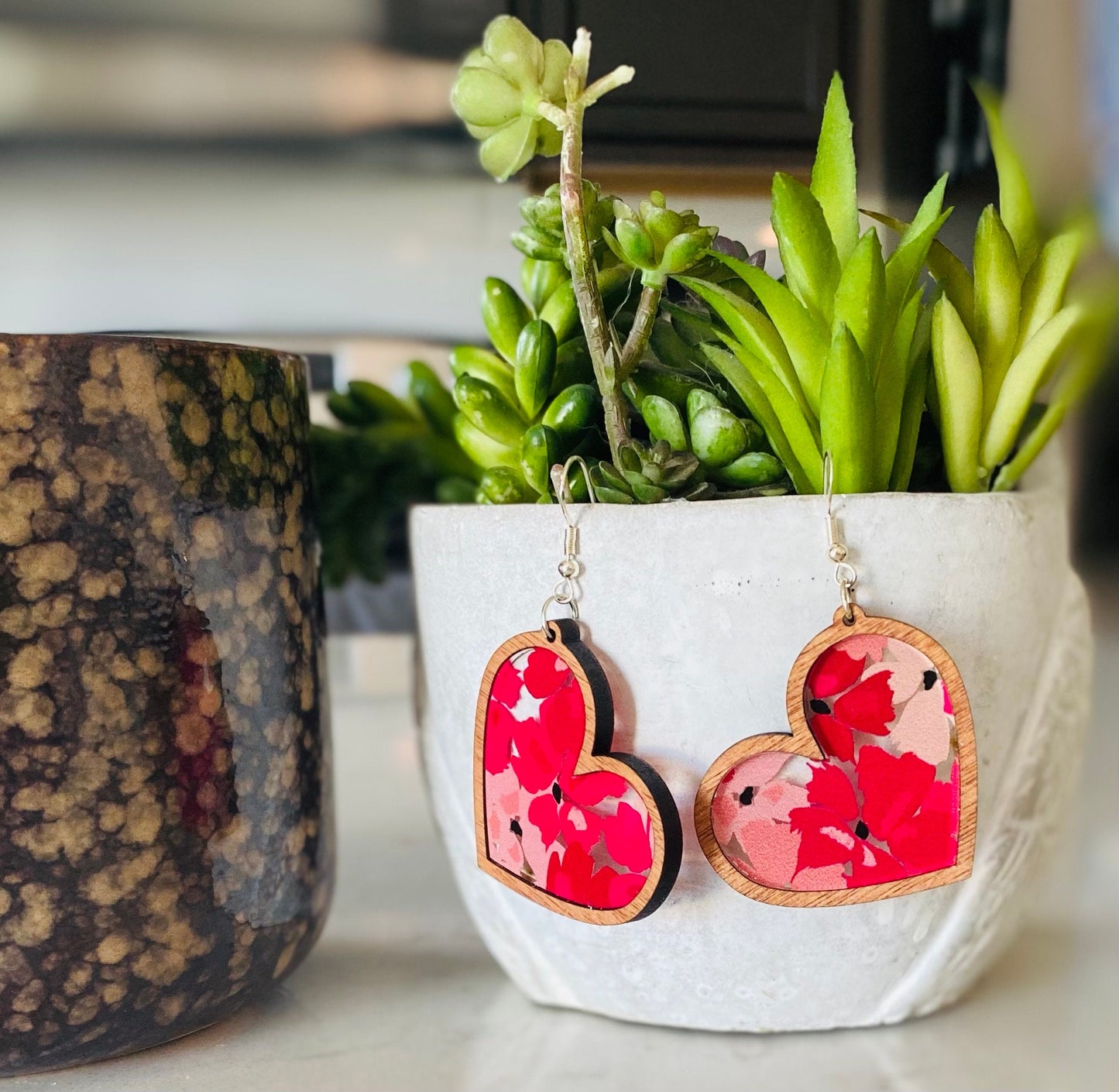 Laser-Cut Heart Earrings with Floral Acrylic Inlay
