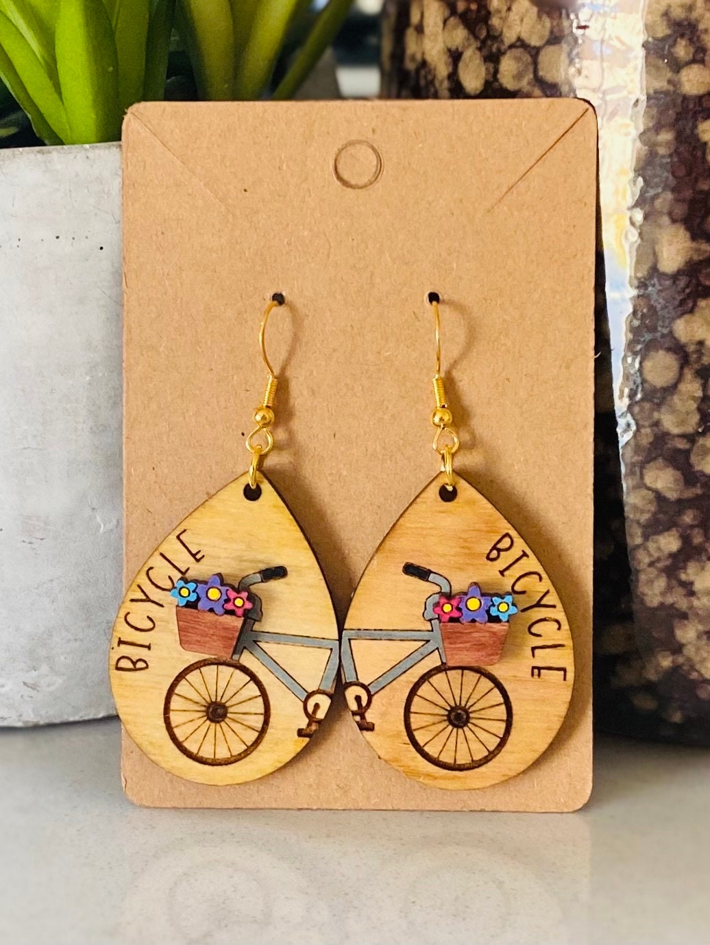 Birchwood Laser Cut Bicycle Spring/Summer Tear Drop Hand Painted Earrings