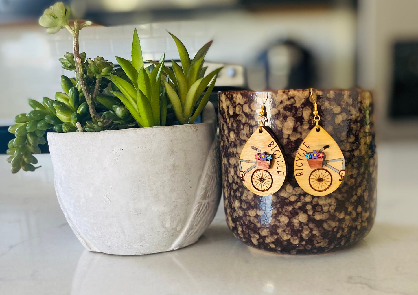 Birchwood Laser Cut Bicycle Spring/Summer Tear Drop Hand Painted Earrings