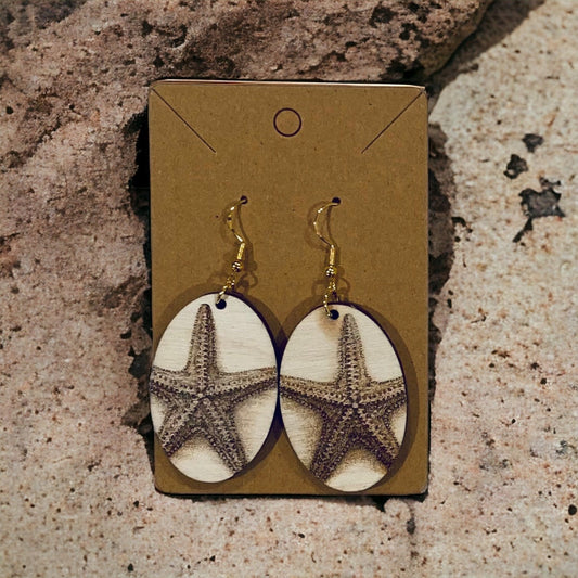 Laser Cut Birchwood Starfish Sea Life Earrings