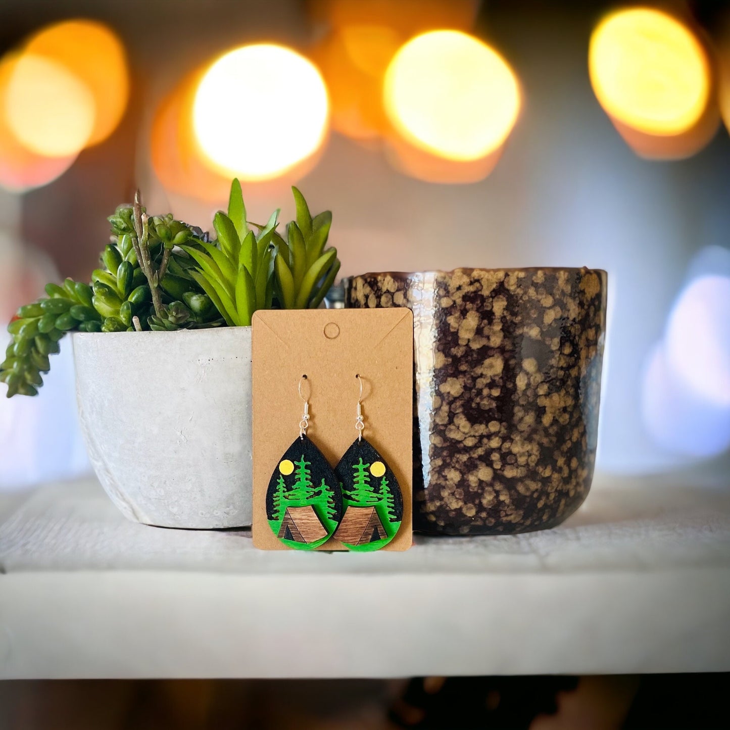 Laser Cut Tear Drop Hand-Painted Birchwood Earrings- Camping, Starry Night, Nature, Sparkling Night