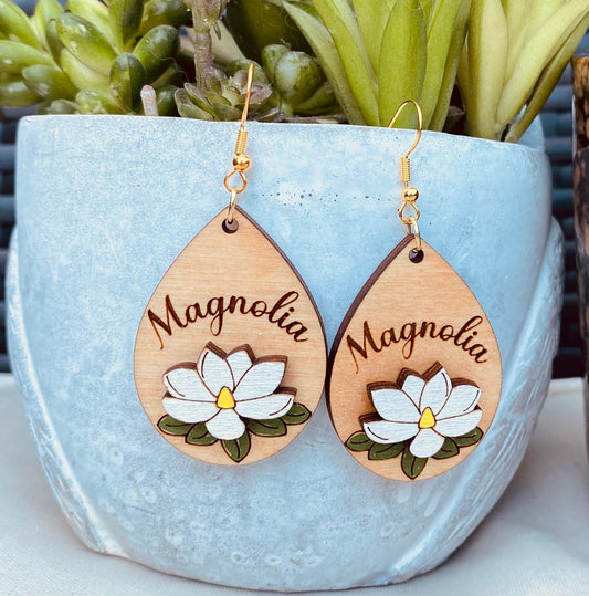 Magnolia Floral Engraved Hand-Painted Earrings