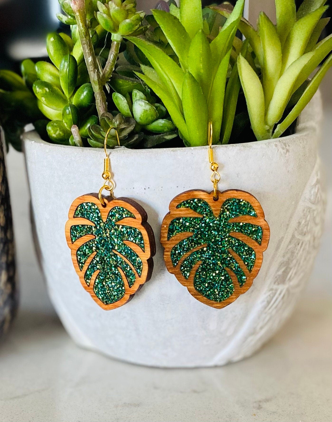 Pecan Stained Birch Wood Laser-Cut Earrings with Green Acrylic Inlay