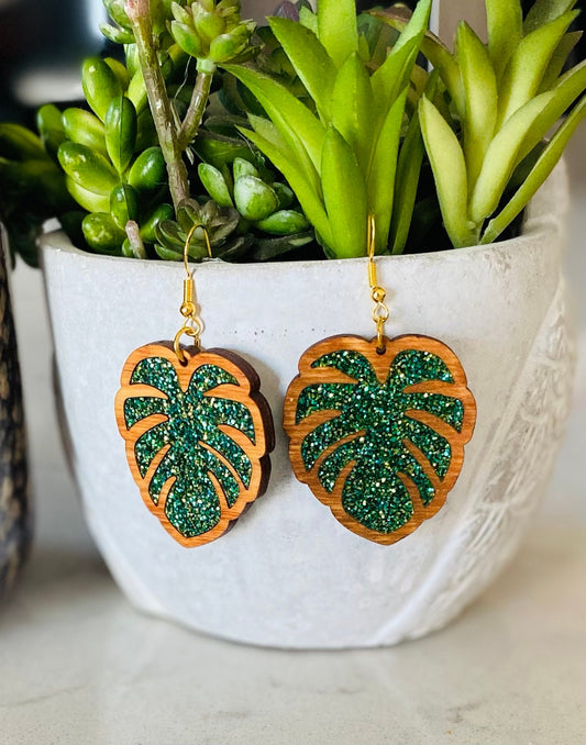Pecan Stained Birch Wood Laser-Cut Earrings with Green Acrylic Inlay