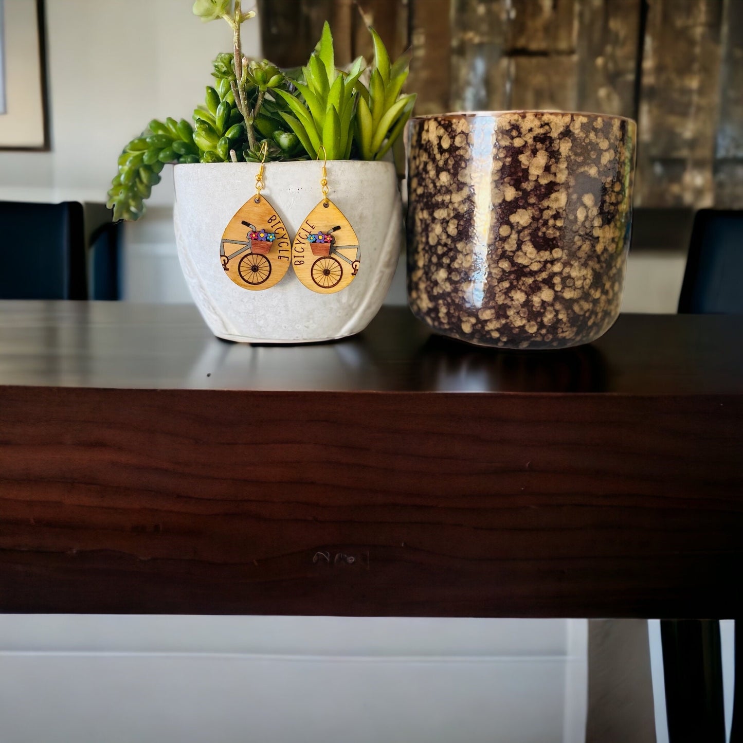 Birchwood Laser Cut Bicycle Spring/Summer Tear Drop Hand Painted Earrings