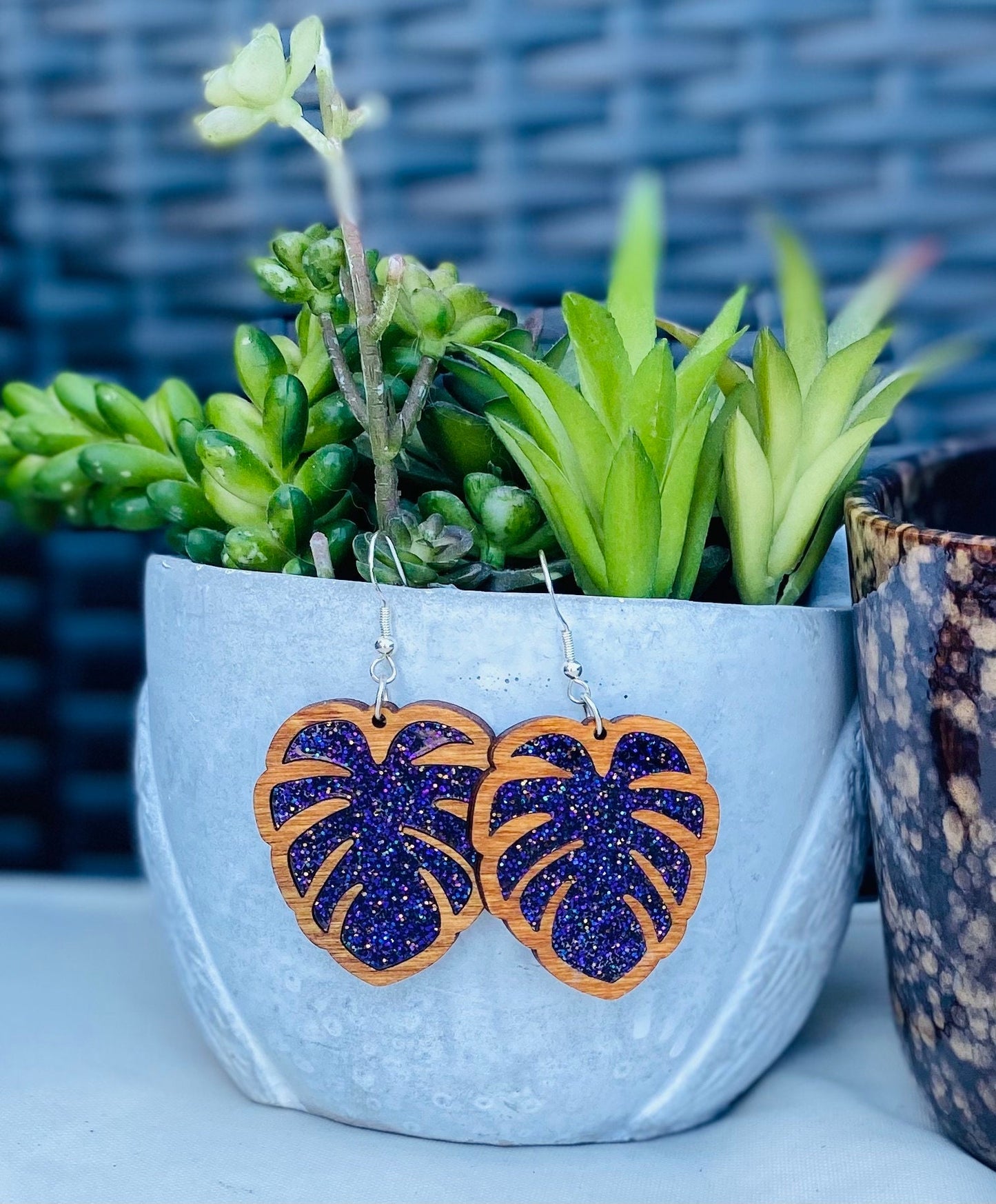 Birch Wood Laser-Cut Earrings with Purple Acrylic Inlay