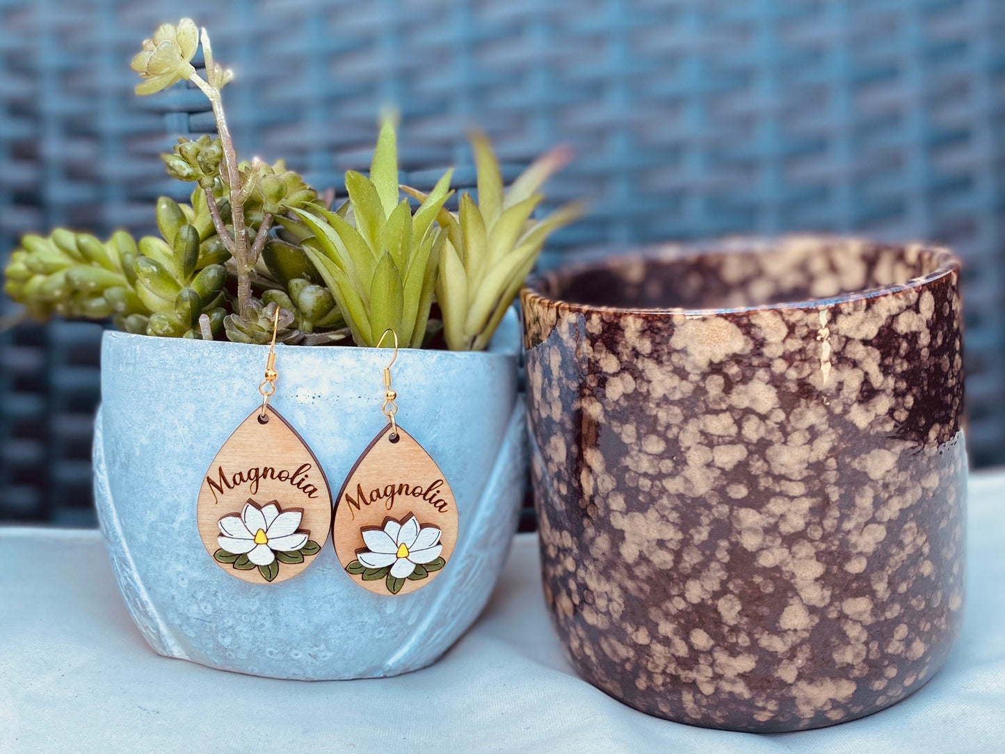 Magnolia Floral Engraved Hand-Painted Earrings