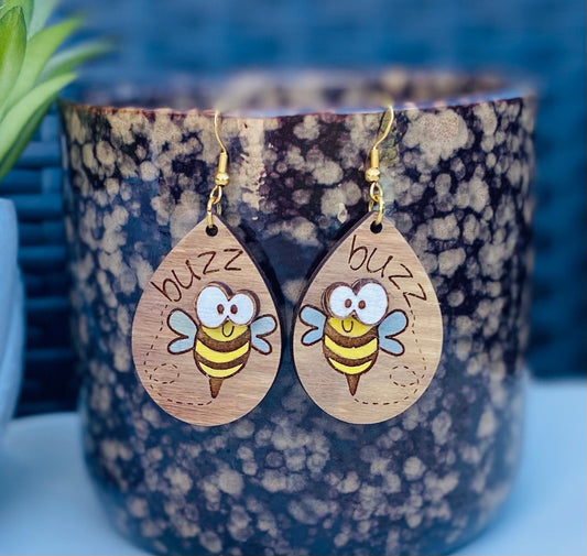 Buzzing Bees Tear Drop Laser Engraved, Hand-Painted Earrings