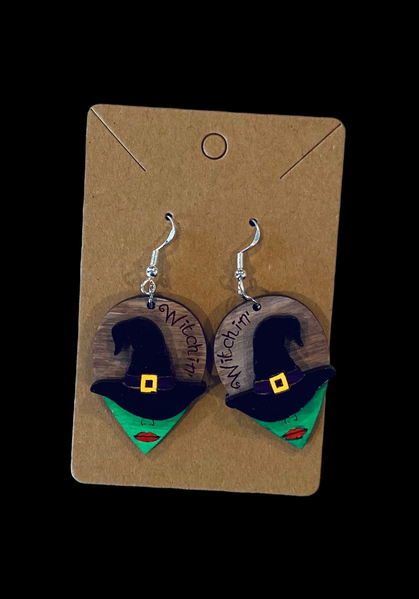 Halloween Witch Birchwood Laser Cut Hand-Painted Earrings