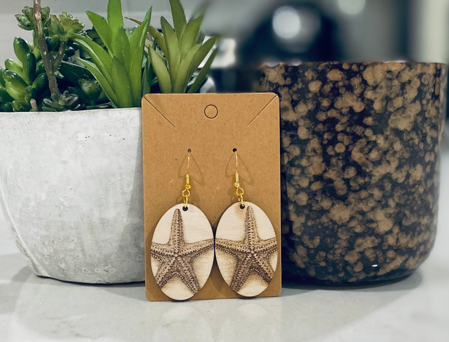 Laser Cut Birchwood Starfish Sea Life Earrings
