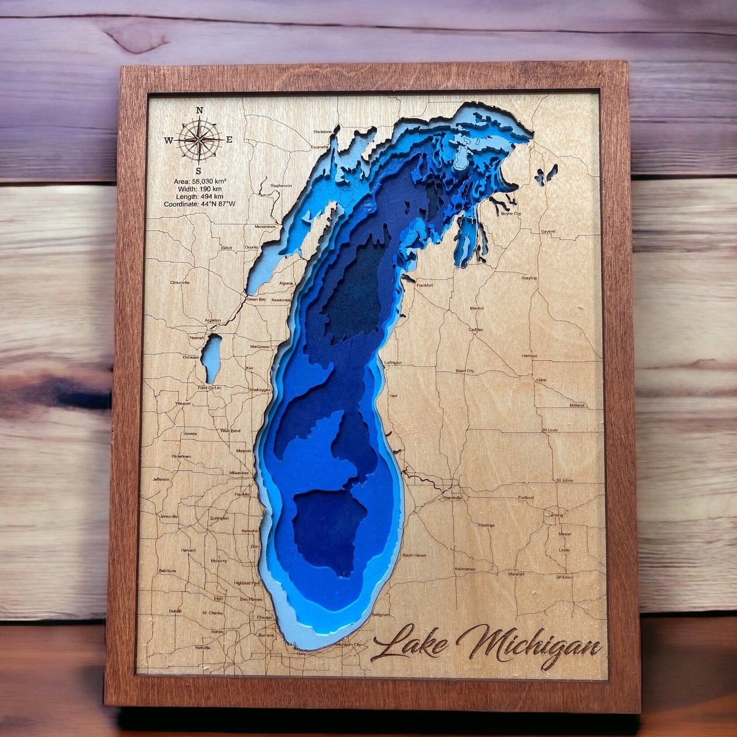 Lake Michigan Laser-Cut Birch Wood Map